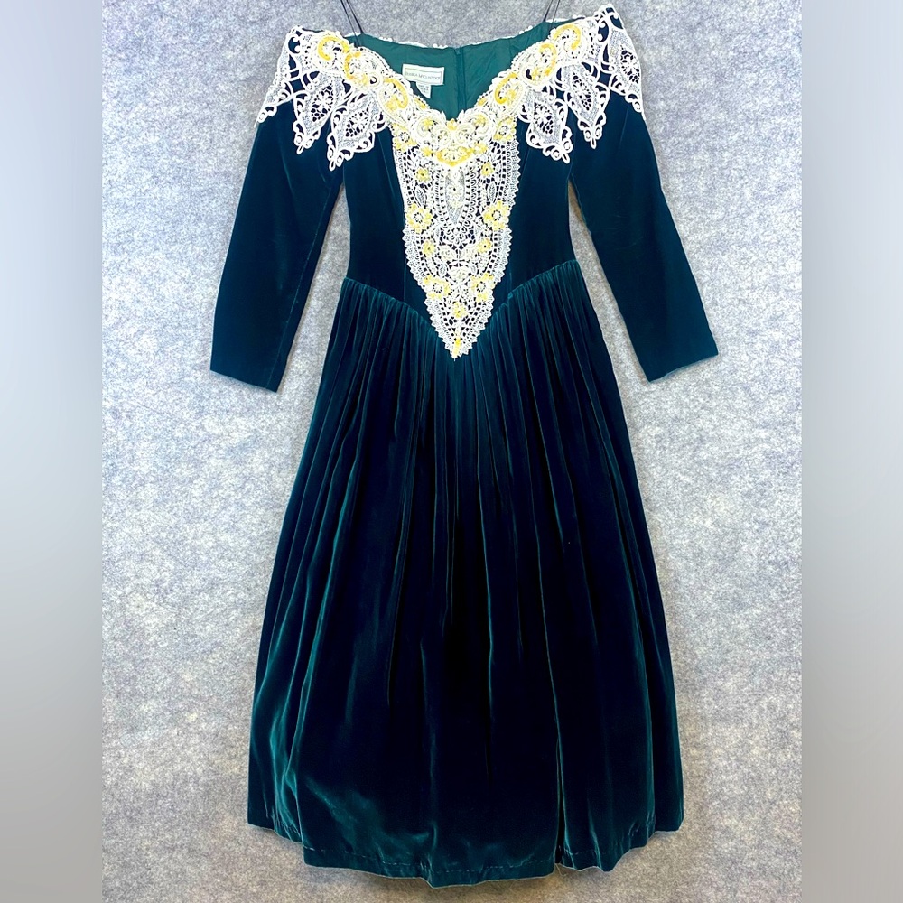 Jessica McClintok Vintage Velvet Lace and Beaded Dress 4 Green 80’s Petticoat - Picture 1 of 12